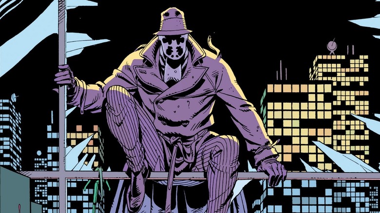 Rorschach sitting on the window in Watchmen