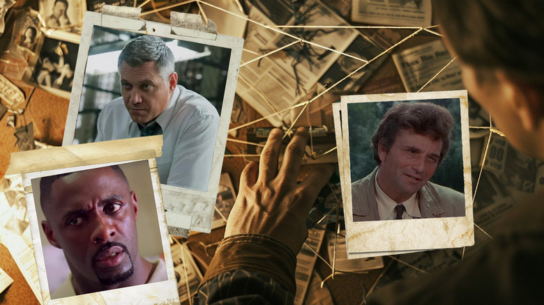 Images from The Wire, Mindhunter, and Columbo in dirty polaroid frames on a crime board with old clips and photos