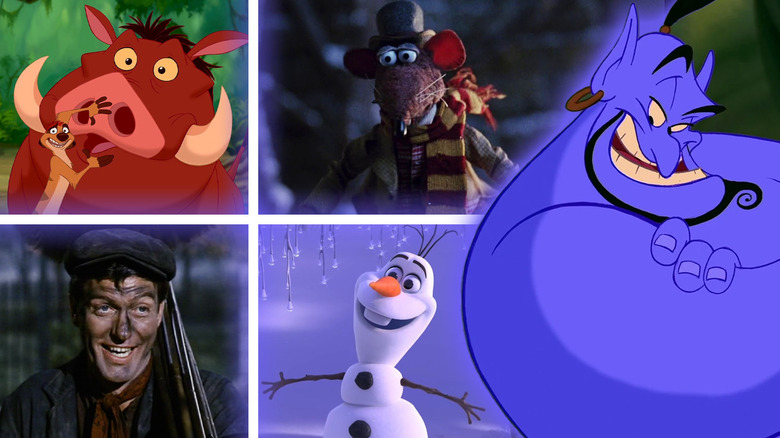 Genie from Aladdin next to shots of Dick van Dyke in Mary Poppins, Timon and Pumbaa in The Lion King, Rizzo the Rat in A Muppet Christmas Carol, and Olaf in Frozen