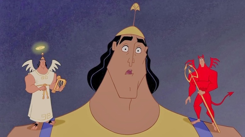 Kronk consults the angel and devil on his shoulders in The Emperor's New Groove