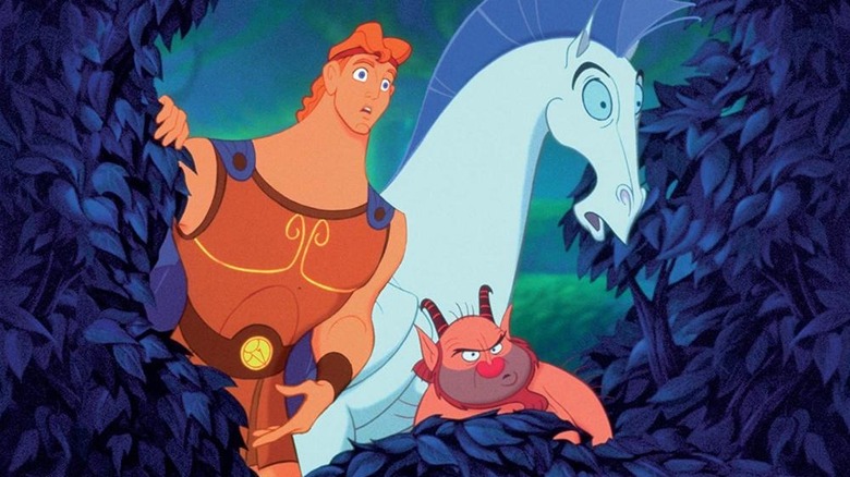Hercules, Pegasus, and Phil are in awe as they peek through bushes in Hercules