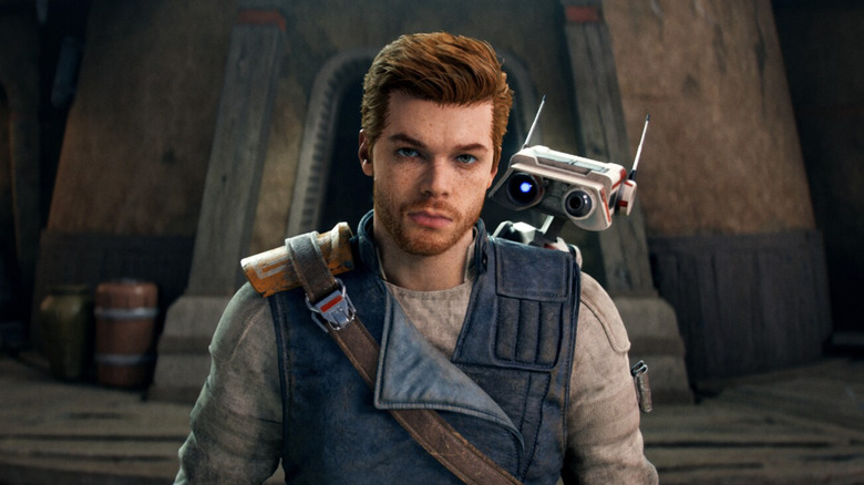 Cameron Monaghan in mocap as Cal Kestis with his droid BD-1 in the Star Wars Jedi: Fallen Order video game