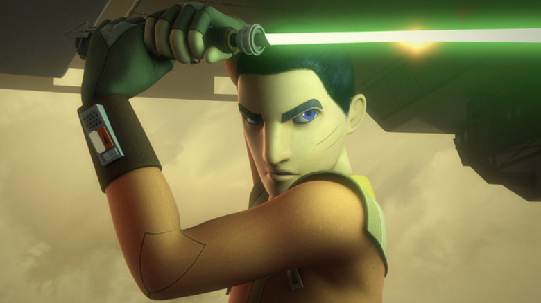 Taylor Gray voicing Ezra Bridger with short hair and a face scar wielding a green lightsaber in Star Wars Rebels