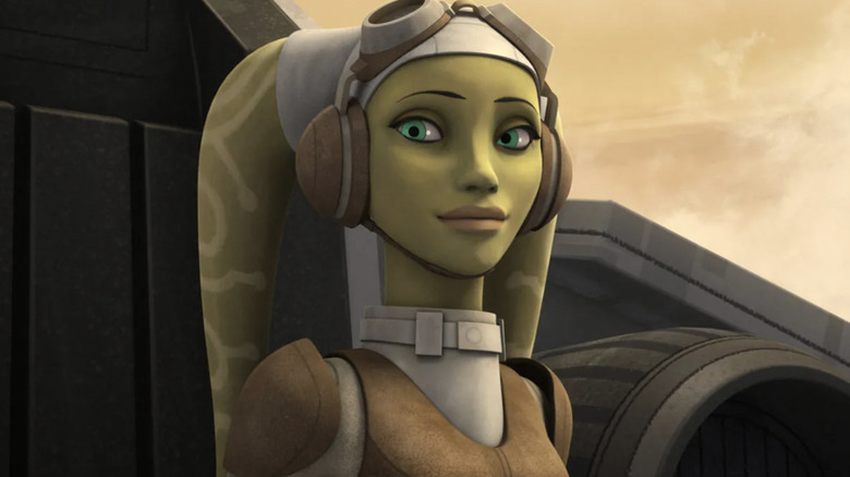 Vanessa Marshall voicing green Twi'lek Hera Syndulla, who wears goggles on her head, in Star Wars Rebels