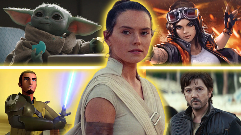 Grogu, Doctor Aphra, Kanan Jarrus, and Cassian Andor gathered around Rey from Star Wars: The Rise of Skywalker