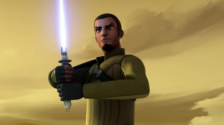Freddie Prinze Jr. voicing Kanan Jarrus wielding a blue lightsaber in front of a yellow sky in Star Wars Rebels