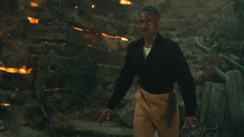 Fifteen (Ncuti Gatwa) on a landmine in the Doctor Who episode Boom