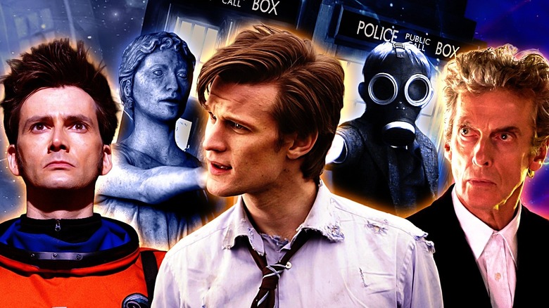 Matt Smith in The Eleventh Hour in the middle, on either side of him, Peter Capaldi in Heaven Sent, and David Tennant in The Waters of Mars, gas mask kid in Empty Child, and Weeping Angel from Blink