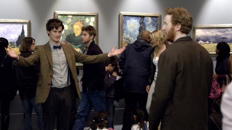 Eleven (Matt Smith) showing Vincent Van Gogh (Tony Curran) his art in an exhibit in the Doctor Who episode Vincent and the Doctor