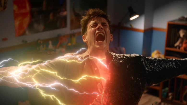 Grant Gustin as Barry Allen, being attacked by the Speed Force and Bloodwork on The Flash