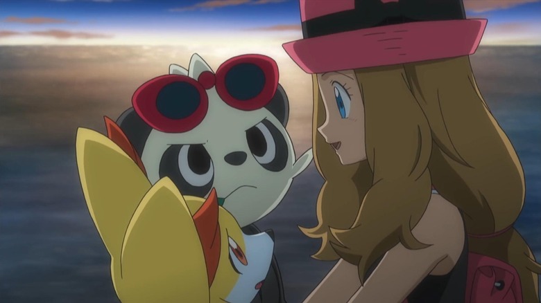 Serena talking to her Fennekin and Pancham with sunglasses on Pokemon the Series: XY