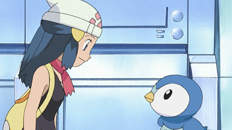 Dawn looking down at Piplup on Pokemon the Series: Diamond & Pearl