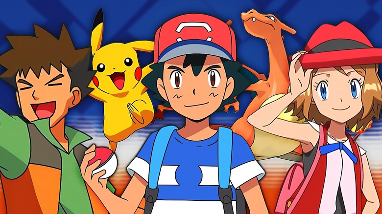 Brock, Ash's Pikachu, Ash in his Kalos outfit, Charizard, and Serena with short hair from the Pokemon anime