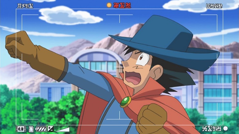 Ash looking terrified posing as the Pokemon Knight on camera on Pokemon the Series: Black & White
