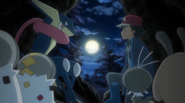 Greninja and Ash in a cave with Spewpa, Scatterbug, and Sentret on Pokemon the Series: XY