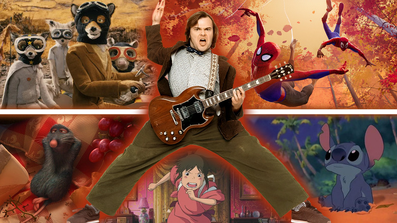 Jack Black in School of Rock surrounded by the Fantastic Mr. Fox ensemble of animals, Remy from Ratatouille, Chihiro from Spirited Away, Stitch from Lilo & Stitch, and Miles Morales and Peter B. Parker in Spider-Man: Into the Spider-Verse.
