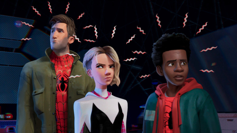 Peter B. Parker, Gwen Stacy, and Miles Morales feel their spider sense in Spider-Man: Into the Spider-Verse