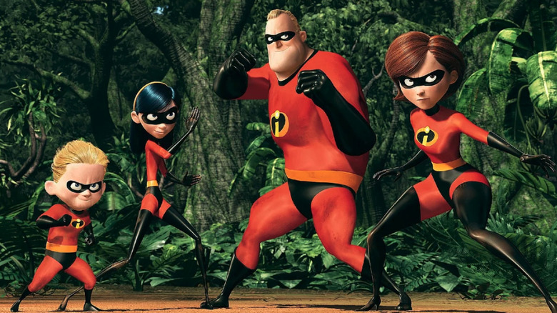 Craig T. Nelson as Bob Parr / Mr. Incredible, Holly Hunter as Helen Parr / Elastigirl, Sarah Vowell as Violet Parr, and Spencer Fox as Dashiell "Dash" Parr in The Incredibles, all ready to fight in the jungle