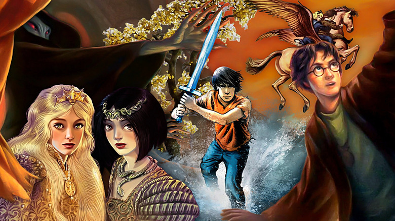 Sophie and Agatha from the School for Good and Evil are next to Percy Jackson holding a sword while Digory Kirke and Polly Plummer ride a flying horse from The Magician's Nephew while Voldemort looks at Harry Potter