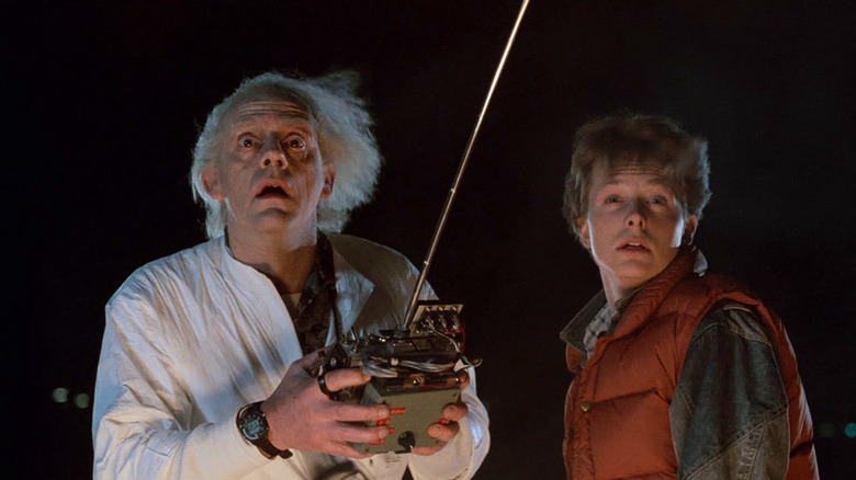 Doc Brown (Christopher Lloyd) and Marty McFly (Michael J. Fox) star in shock in the dark in Back to the Future