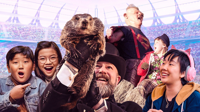 Collage of images from Always Be My Maybe, Kpop Demon Hunters, Groundhog Day, The Goonies, and Joy Ride