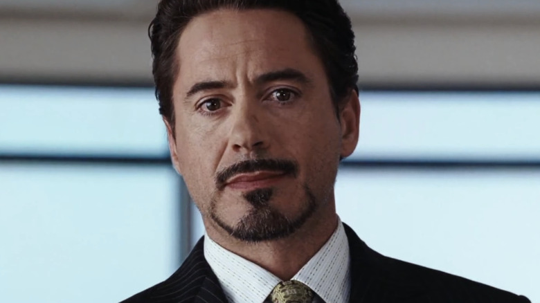 Tony Stark (Robert Downey Jr.) speaks at a press conference in Iron Man