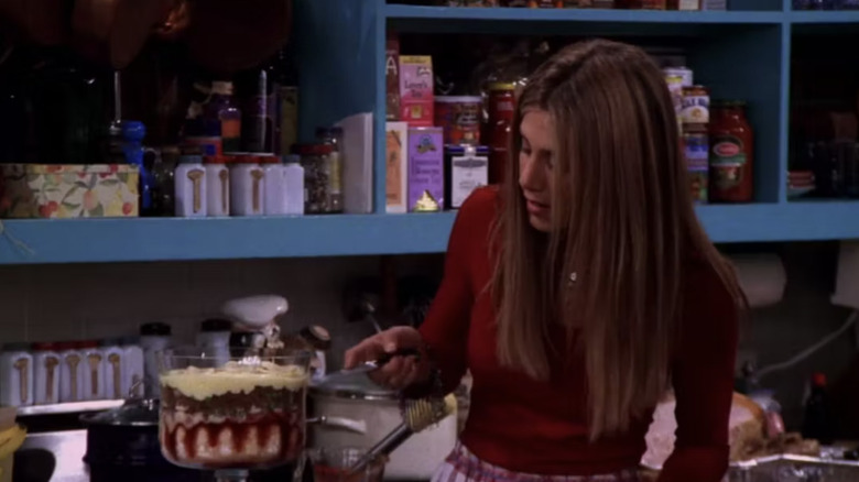 Jennifer Aniston as Rachel Green showing off her Thanksgiving trifle in the Friends episode "The One Where Ross Got High"