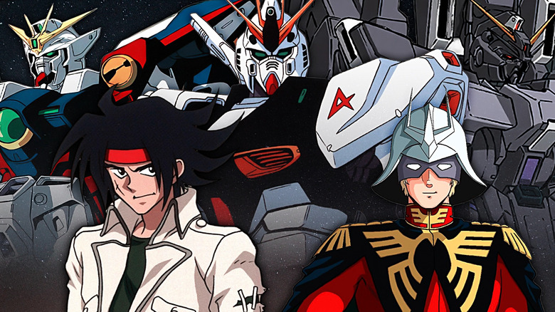 Domon Kasshu in Mobile Fighter G Gundam and Char Aznable in Mobile Suit Gundam stand in front of RX-93 Nu Gundam in Mobile Suit Gundam: Char's Counterattack, XXXG-01W Wing Gundam in Mobile Suit Gundam Wing, and ARX-014S Silver Bullet Suppressor in Mobile Suit Gundam Unicorn