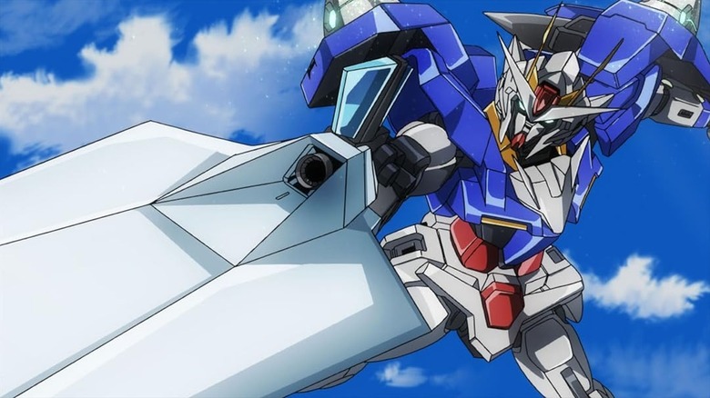 The 00 Gundam lunges with its weapon in Mobile Suit Gundam 00