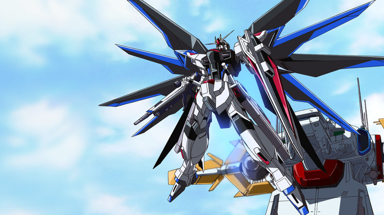 The Strike Freedom Gundam emerges from its ship in Mobile Suit Gundam SEED