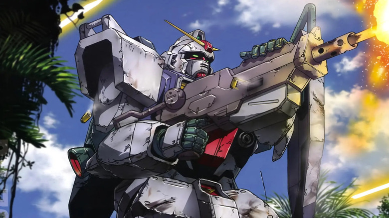 The damaged RX-79G Ground Gundam fires a machine gun in Mobile Suit Gundam: The 08th MS Team