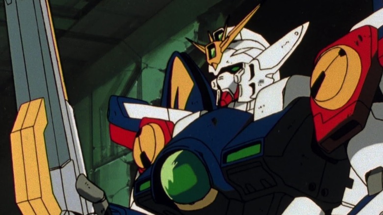 The XXXG-00W0 Wing Gundam Zero readies its weapon in Mobile Suit Gundam Wing