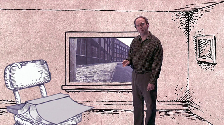 Paul Giamatti as Harvey Pekar, looking annoyed in a comic strip, illustrated-style room in American Splendor