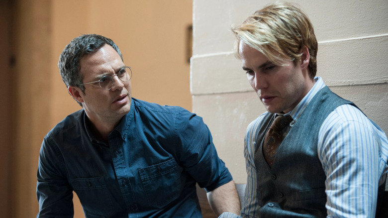 Mark Ruffalo and Taylor Kitsch as Ned Weeks and Bruce Niles, sitting together in anxiety in The Normal Heart