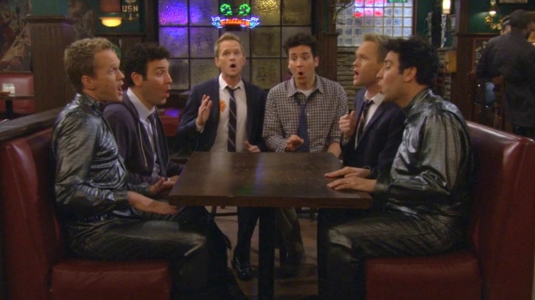 All three versions of both Ted Mosby (Josh Radnor) and Barney Stinson (Neil Patrick Harris) sing together in their booth at MacLaren's Bar in How I Met Your Mother