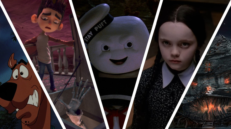Images from Scooby Doo on Zombie Island, ParaNorman, Ghostbusters, The Addams Family (1991) and Monster House in a composite image
