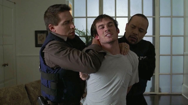 Charlie Baker (Ian Somerhalder) is restrained by Fin Tutuola (Ice-T) and Dave Duethorn (Erik Palladino) in Law & Order: Special Victims Unit