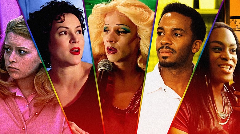 Composite image with rainbow coloring featuring Natasha Lyonne in But I'm A Cheerleader, Jennifer Tilly in Bound, John Cameron Mitchell in Hedwig and the Angry Inch, André Holland in Moonlight, and Mya Taylor in Tangerine