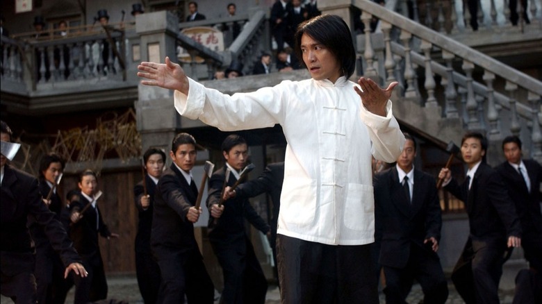 Sing (Stephen Chow) is surrounded by the Axe Gang in Kung Fu Hustle