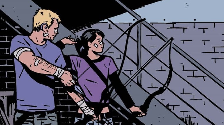 Clint Barton and Kate Bishop wielding bows together in a Hawkeye comic