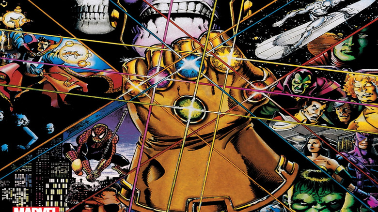 Thanos wielding a completed Infinity Gauntlet surrounded by Lady Death, Doctor Strange, Mephisto, Silver Surfer, Adam Warlock, and Skrulls on the Infinity Gauntlet comic cover