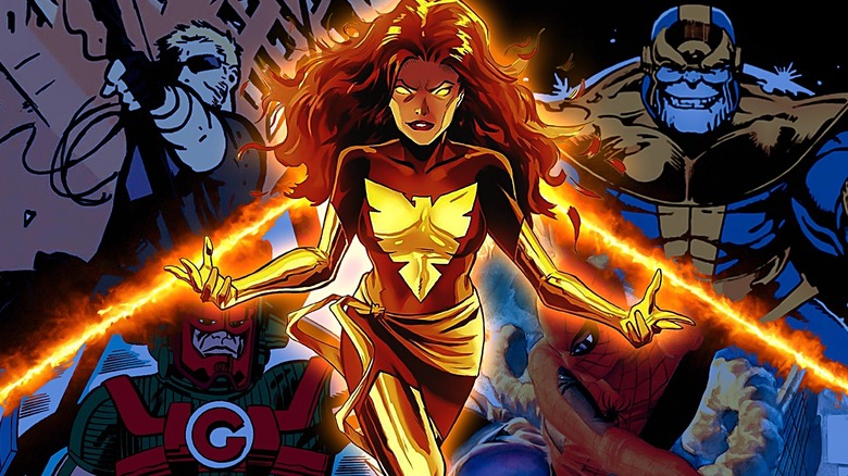 Dark Phoenix looking intense, with Hawkeye, Thanos, Galactus, and Spider-Man in action in the background