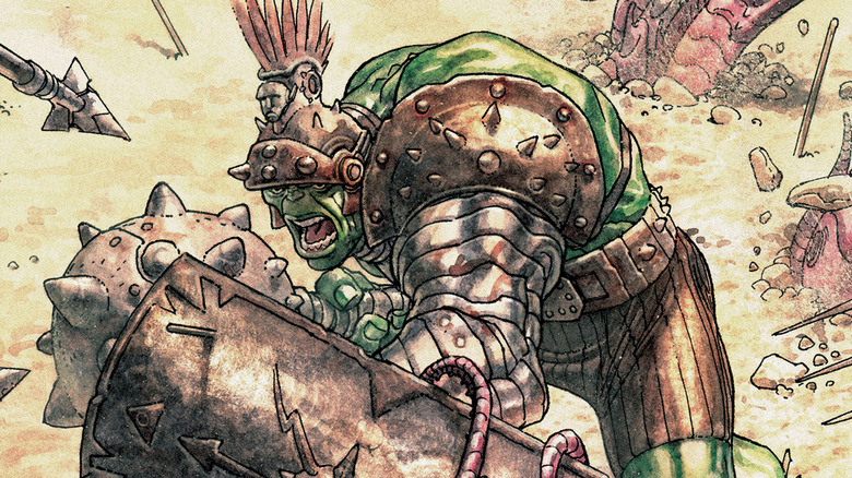 Hulk wearing gladiator armor and surrounded by spears in Planet Hulk comic