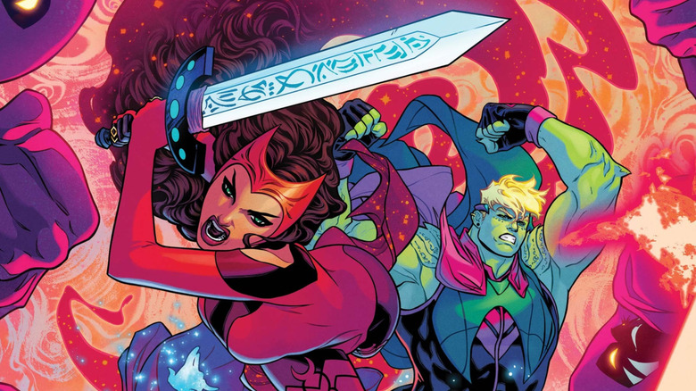 Scarlet Witch wielding a sword with Hulkling in a Scarlet Witch 2023 comic cover