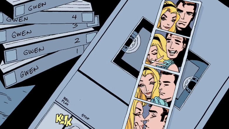 A close-up of a tape recorder with photo booth pictures of Gwen Stacy and Peter Parker on it in Spider-Man: Blue