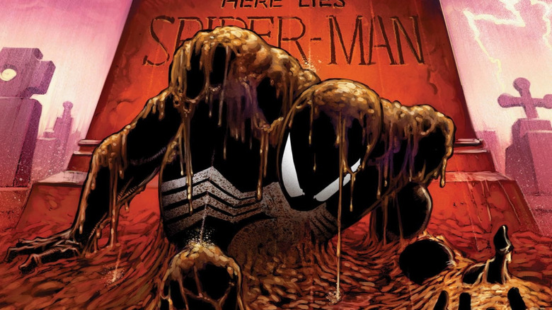 Spider-Man in the symbiote suit emerging from a grave marked for Spider-Man on Kraven's Last Hunt comic cover