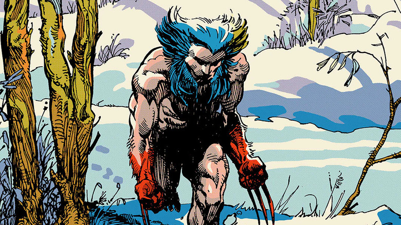 Logan naked in a snowy forest with bloody hands in Weapon X