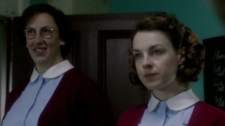 Miranda Hart as Matron Camilla "Chummy" Fortescue-Cholmondeley-Browne and Jessica Raine as Nursing Sister Jennifer "Jenny" Lee standing next to each other on Call the Midwife