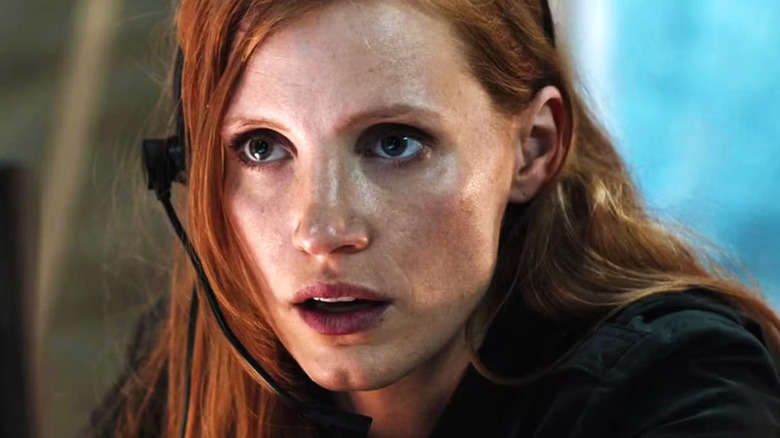 Jessica Chastain as Maya wears a headset in Zero Dark Thirty