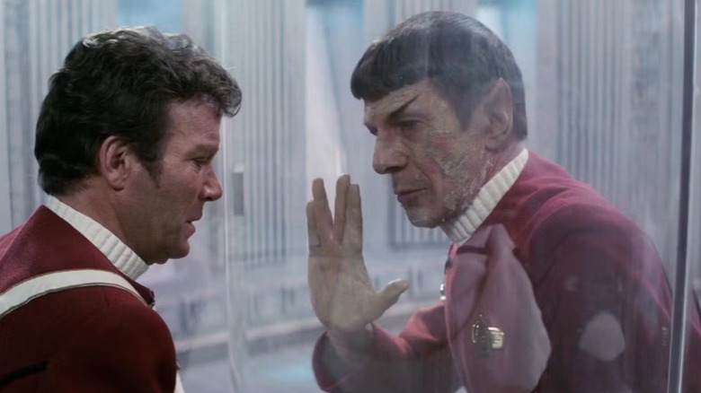 Separated by glass, Spock (Leonard Nimoy) and Kirk (William Shatner) share grief in Star Trek The Wrath of Khan